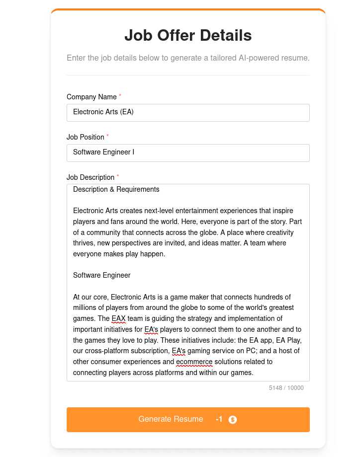 Image showing how to paste the job details to the Resume generator AI tool